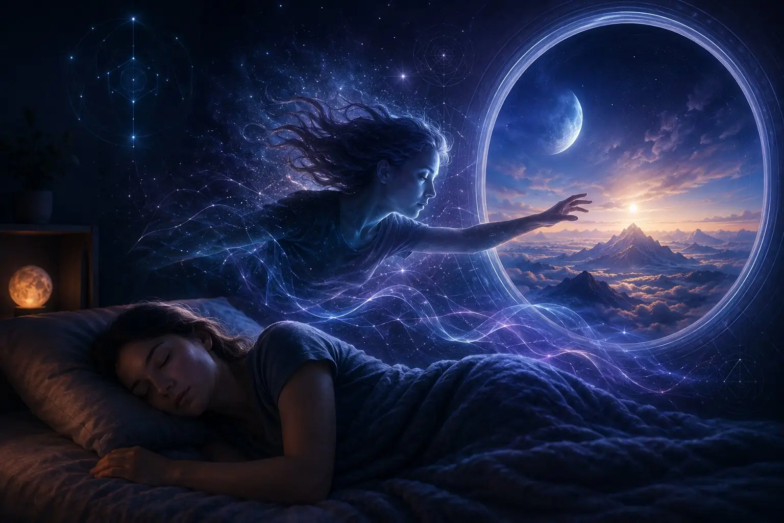 A sleeping woman beneath a luminous dream figure reaching toward a moonlit landscape