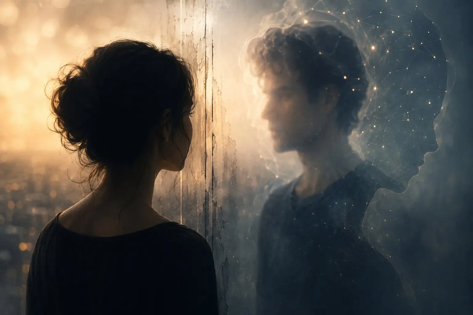 Woman facing an idealized male image, illustrating limerence, projection, and romantic fixation