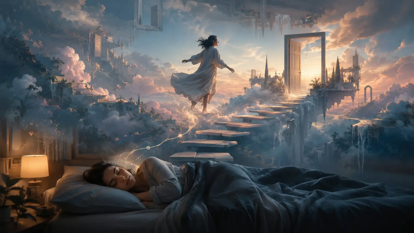 A sleeping woman beneath a surreal dreamscape with floating stairs and an open doorway in the clouds