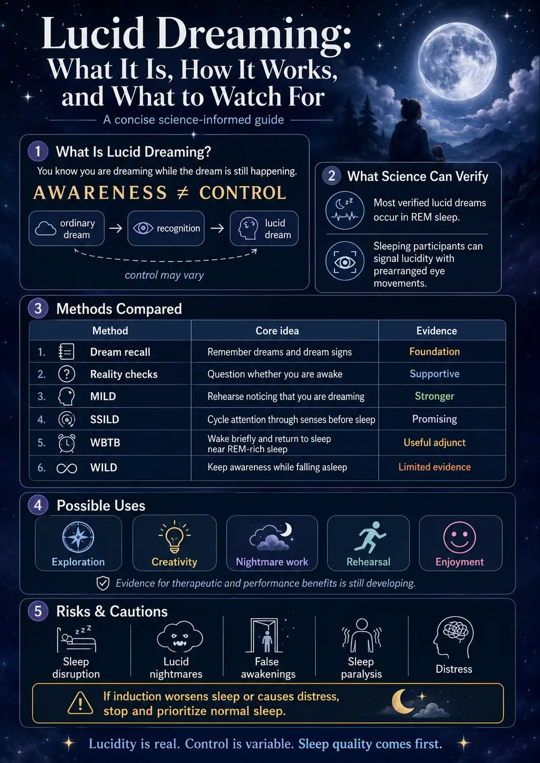 Infographic comparing lucid dreaming awareness, induction methods, possible uses, and risks
